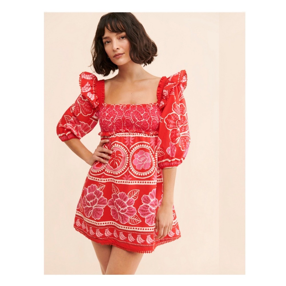 Farm Rio Summer Sunrise Mini Dress Small Red Smocked Puff Sleeve Tropical Summer